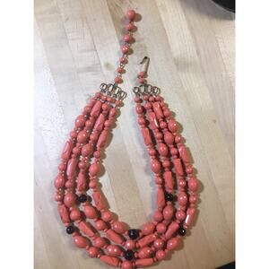 Vintage Germany multifaceted coral/black lucite beads multi strand swag necklace